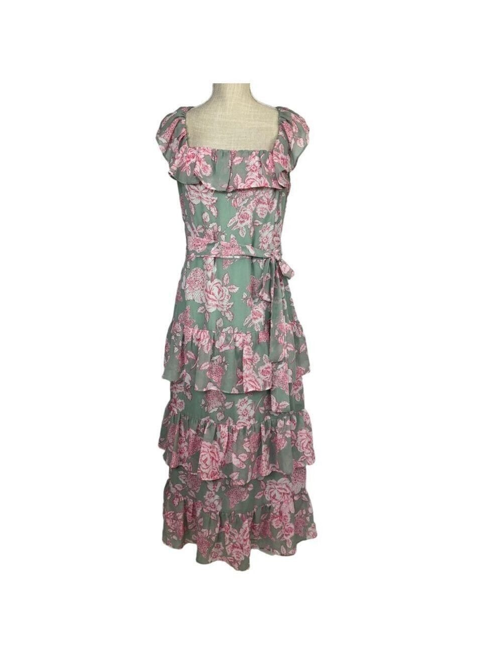 Eliza J Tie Waist Tiered Midi Dress Pink Floral Gray Mint Women 8 Coquette